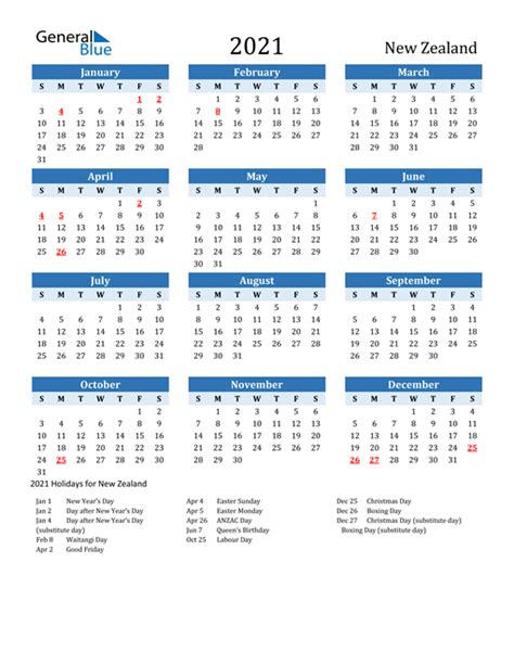2021 New Zealand Calendar With Holidays