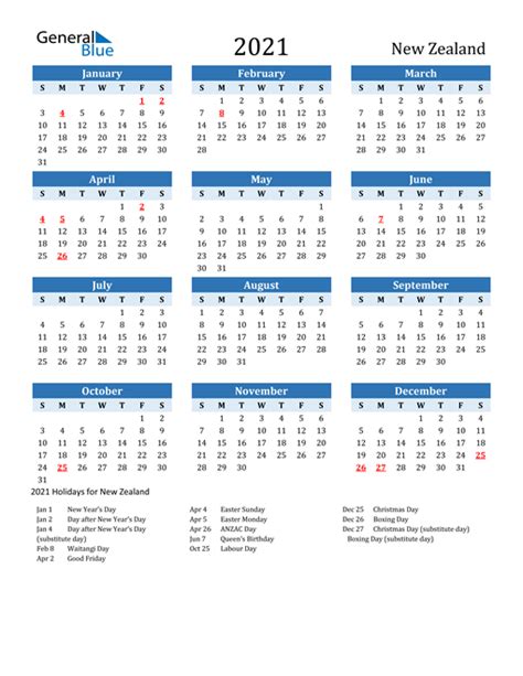 All calendars have a large room for jotting down notes. 2021 Calendar - New Zealand with Holidays