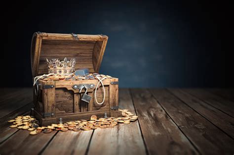 Open Treasure Chest Filled With Golden Coins Gold And Jewelry Stock