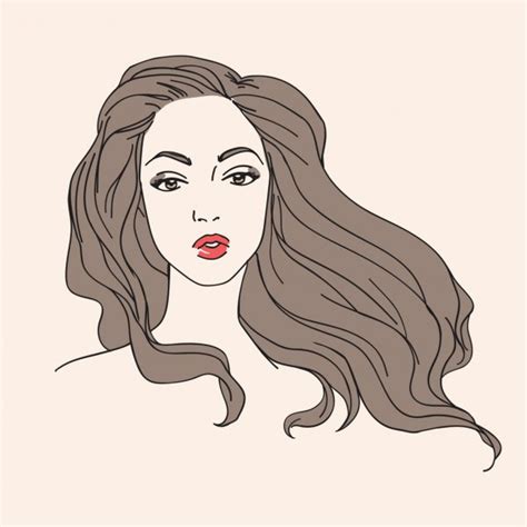 Beautiful Girl Face Long Hair Make Neutral Expression Hand Drawn Stock