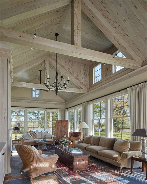 Great Room At Waterfront Estate With Beams And Paneled Cathedral Ceiling By Barnes Vanze