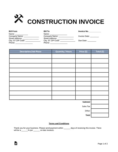Free Construction Invoice Template Pdf Word Eforms
