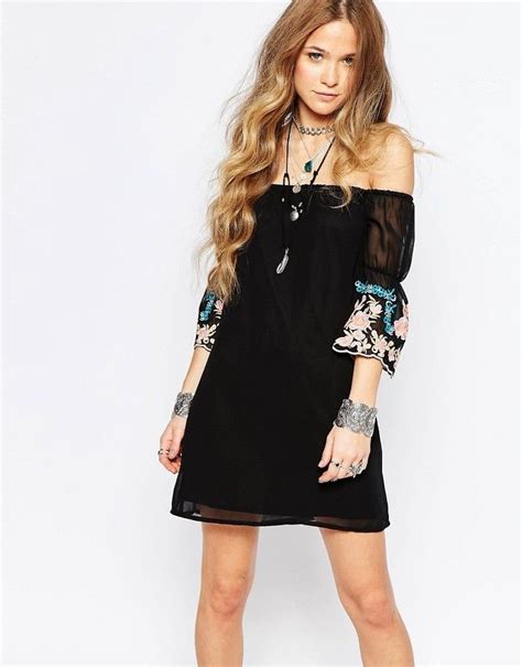 Glamorous Off Shoulder Dress With Embroidered Sleeve Detail Bohemian Style Dresses Boho Dress