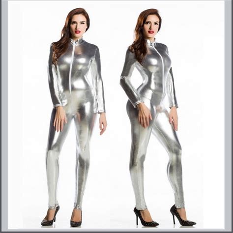 Silver Metallic Long Sleeve Wet Look Faux Pu Leather Front Zip Jumpsuit