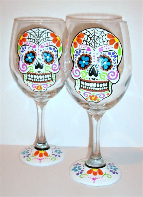 Sugar Skull Hand Painted Wine Glasses Set Of Dia De Los Etsy