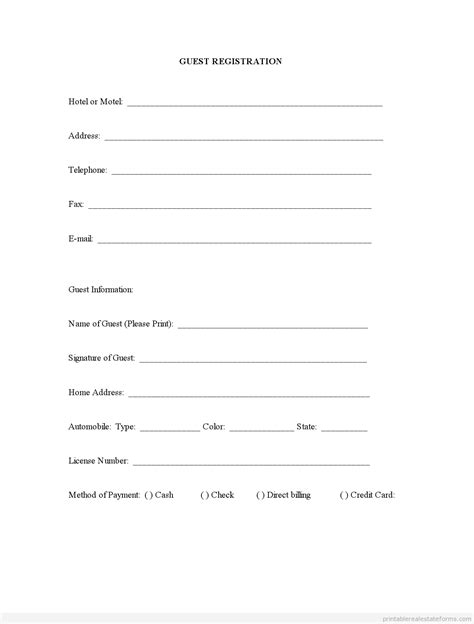 Sample Printable Guest Registration Form Printable Real Estate Forms