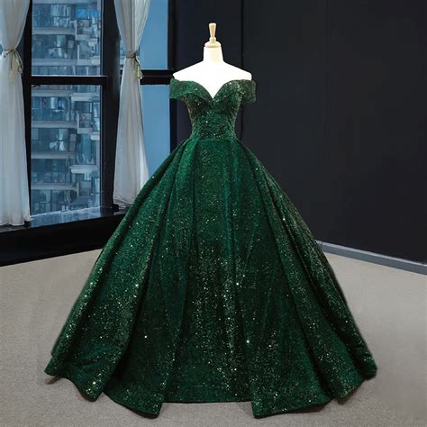 Emerald Green Ball Gown Off The Shoulder Sequin Princess Prom Dress