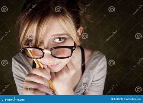 Closeup Of Pretty Young Nerdy Girl Stock Photo Image Of Brunette