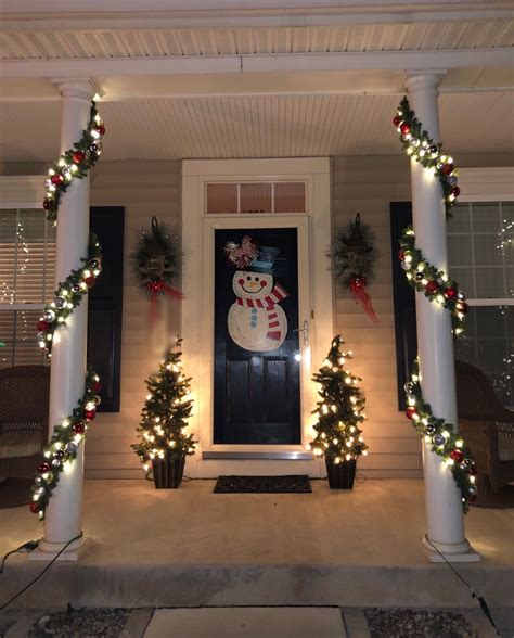 Front Porch Column Christmas Garlands With White Lights And Red And Silver
