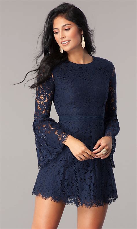Navy Blue Lace Long Sleeve Party Dress Promgirl