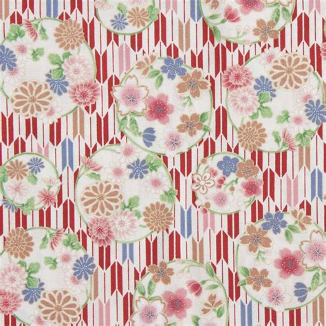 Japanese Dobby Fabric Red White Yagasuri Pattern Flower Circles Modes4u