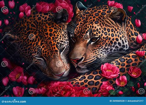 Valentines Day Cuddling Animals Jaguar Couple4 Generative Ai Stock