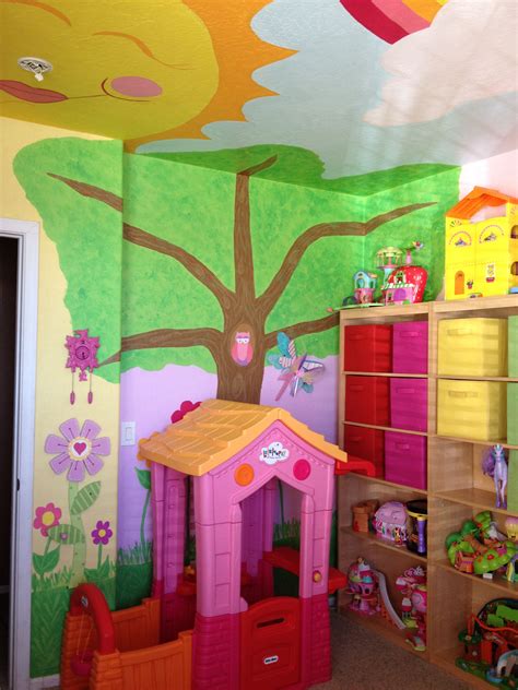 Playroom Mural Painted On Walls And Ceiling Such A Cheerful Room