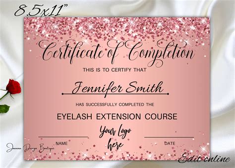Rose Gold Certificate Of Completion Template Lashes Etsy