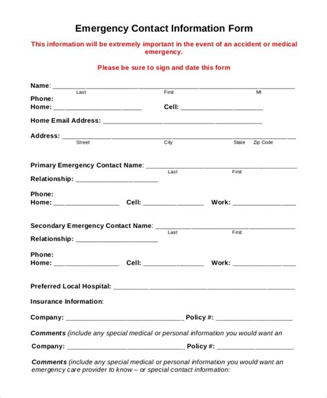free 8 sample emergency contact forms in pdf ms word