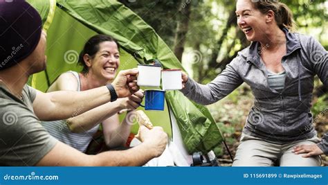 Group Of Diverse Friends Camping In The Forest Stock Image Image Of