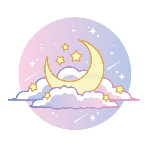 Vector Illustration Of Cute Moon With Stars In The Sky Doodle Kawaii Illustration Moon Stars