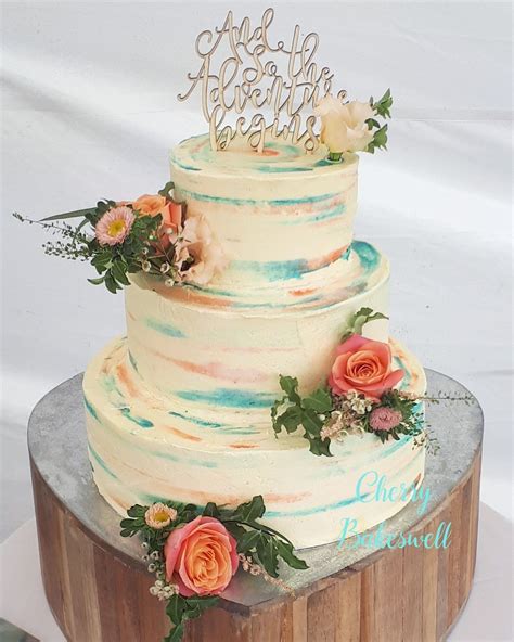 For more inspiration check out. Three tier coral and teal wedding cake delivered to Sopley ...