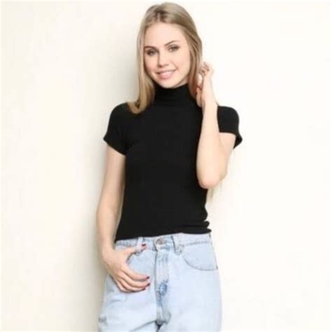 2020 baru wanita blus fashion mesh puff sleeve rajutan kasual slim jumper tops pullover blus berleher tinggi kemeja clubwear partai. High Neck Lengan Pendek Rib Rajut / Tshirt Leher Tinggi (C) | Shopee Indonesia