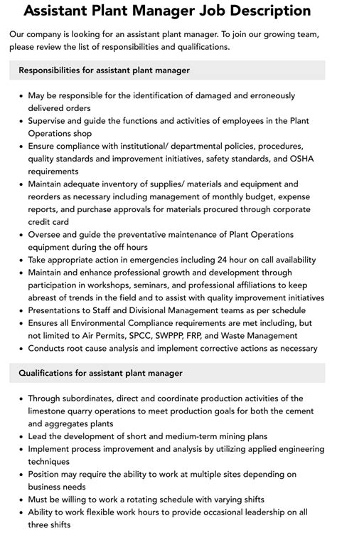 Assistant Plant Manager Job Description Velvet Jobs