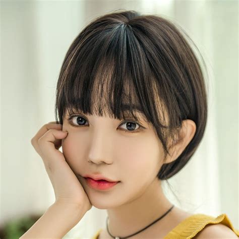 Best korean bangs hairstyle for round face. USD 23.09 Wig female short hair round face bobo set ...