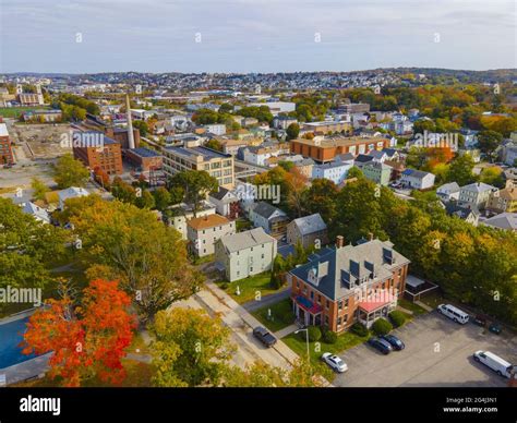 Aerial View Of Historic Downtown Worcester With Fall Foliage In City Of