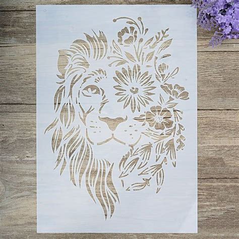 Lion Stencil Lion With Flower Stencil Safary Stencil Diy Etsy Lion