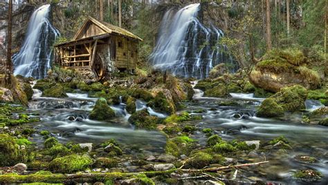 Old Mill Between Two Fantastic Waterfalls R Forest Rocks Mill R