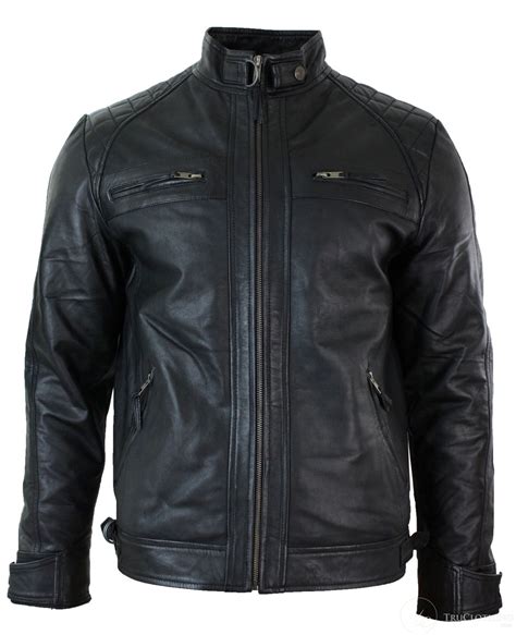 Real Leather Retro Style Zipped Mens Biker Jacket Soft Black Casual