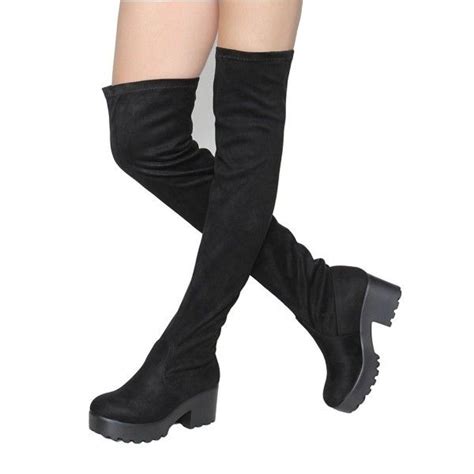Ej76 Womens Stretchy Snug Fit Block Heel Over The Knee Thigh High Boots Black Suede