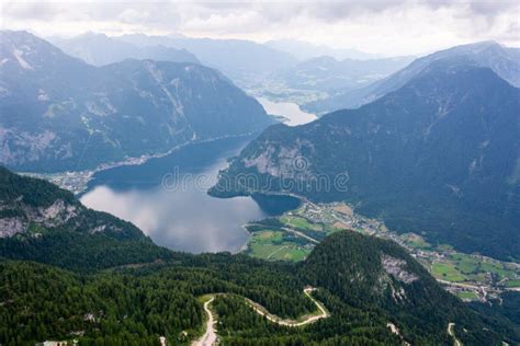 View Over Hallstatter See Lake And Towns Of Hallstatt And Obetraun In