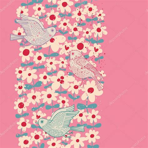 Spring Seamless Pattern In Pastel Colors Birds In Flowers Vector