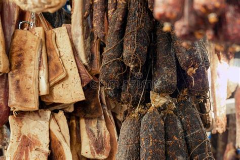 Smoked Meat Hanging In The Smokehouse Stock Image Image Of Many