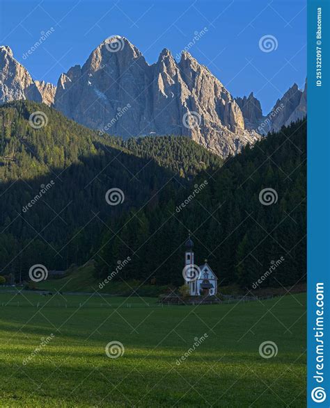 Traditional Alpine St Johann Church In Val Di Funes Valley Santa