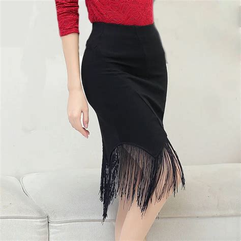 2016women Black Irregular Tassels Skirt Female Elastic High Waist Slim Stitching Knee Length