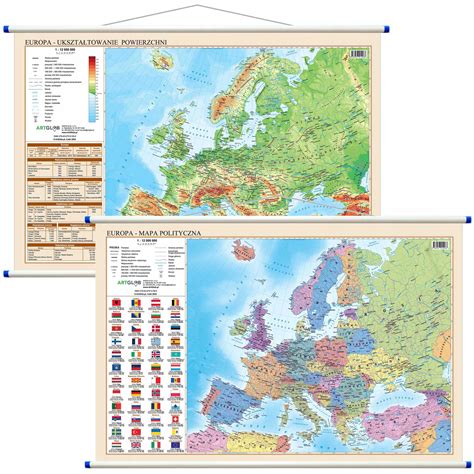 Europa Mapa ścienna Dwustronna Polityczna Fizyczna Aktualna 2024