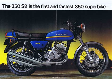 Kawasaki 1972 h2 750 wheelie jaunt to brothers house bone stock engine!! 1973_Kawasaki 250 S1+350 S2 2-stroke brochure.GB_02+03 ...