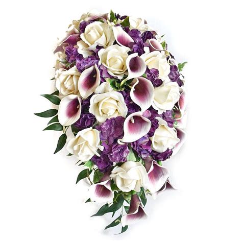 cascade bridal bouquet featuring real touch picasso callas white roses and purple hydrangea