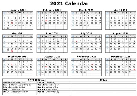 2021 Calendars With Holidays Printable Printable Calendar
