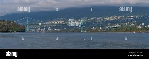Panoramic View Of Lions Gate Bridge Crossing Burrard Inlet In Vancouver