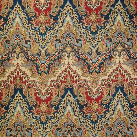 Jewel Blue And Red Asian Cotton Upholstery Fabric Damask Pattern