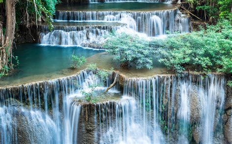 Lovely Cascading Waterfall With Green Shrub Desktop Wallpaper Hd For
