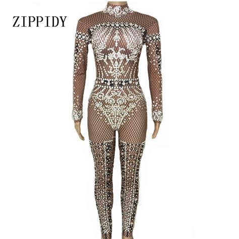 Sparkly Crystals Jumpsuits Big Stones Stretch Bodysuit Stage Performance Party Celebrate