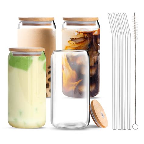 Iced Coffee Glass Cup With Bamboo Lid And Straw 16oz Beer Can Glass