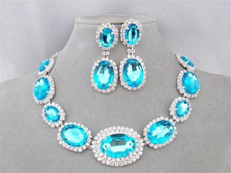 Oval Aqua Blue And Crystal Rhinestone Necklace Set Silver Fashion