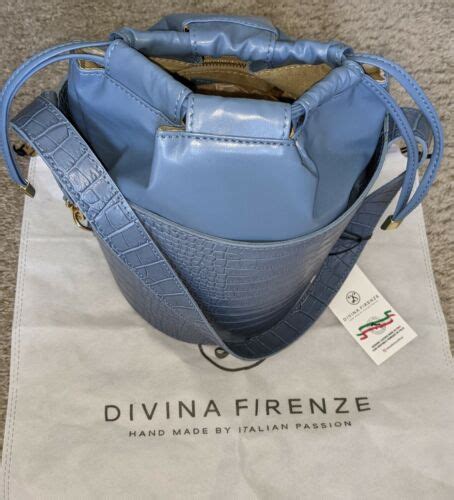 Divina Firenze Womens Leather Embossed Bucket Shoulder Bag Blue Italy