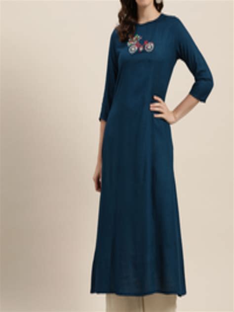 Buy Sangria Women Teal Blue Solid With Quirky Detail A Line Kurta