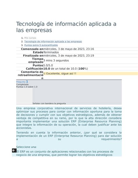 Autocalificable Semana Tecnolog A De Informaci N Aplicada A Las Empresas Tecnolog A De Studocu