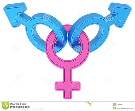 Female And Two Male Gender Symbols Chained Together On White Stock