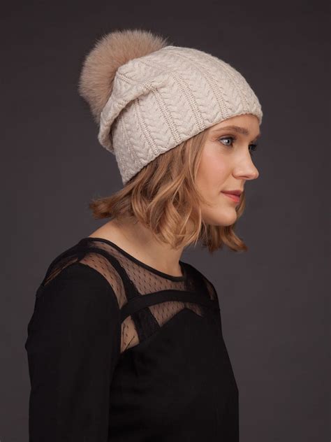 Beige Knit Cashmere Beanie Hat With Fox Fur Pom Pom Handmade By Nordfur